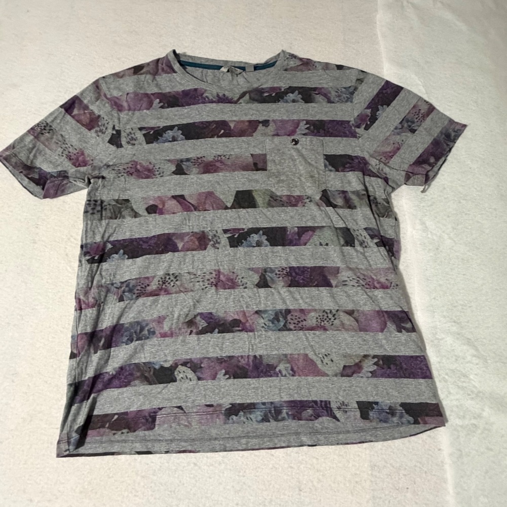 Ted Baker London Mens Size 5 XL Grey Purple Floral Striped Pocket T-Shirt Cotton